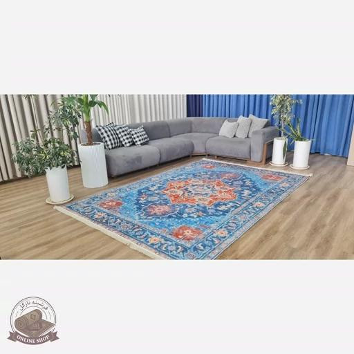 فرشینه آبی نارنجی مدرن جنس مخمل تُرک استُپ دار ابعاد دلخواه