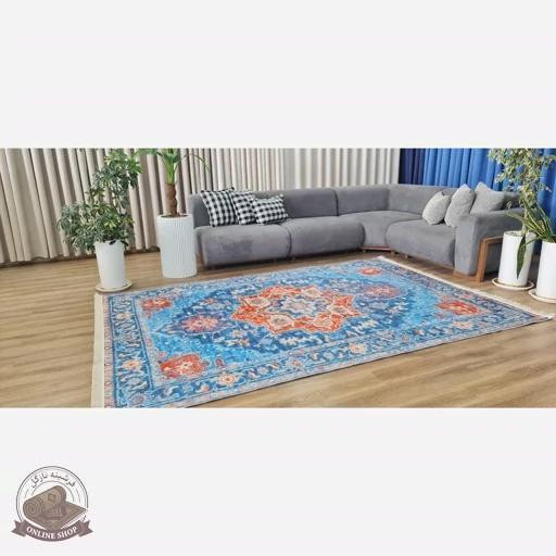 فرشینه آبی نارنجی مدرن جنس مخمل تُرک استُپ دار ابعاد دلخواه