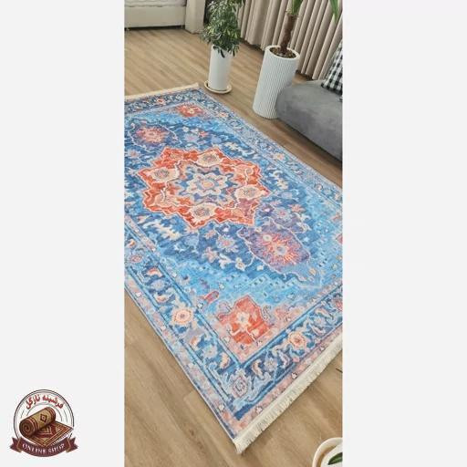 فرشینه آبی نارنجی مدرن جنس مخمل تُرک استُپ دار ابعاد دلخواه