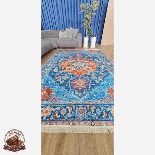 فرشینه آبی نارنجی مدرن جنس مخمل تُرک استُپ دار ابعاد دلخواه