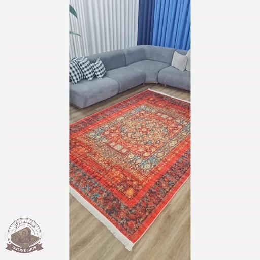 فرشینه مدرن قرمز لاکی روشن رویه مخمل زیره استُپ دار( ابعاد دلخواه) تولید میشه کد u111