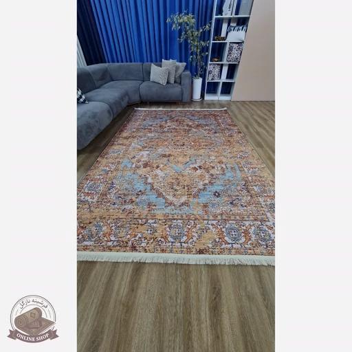 فرشینه مخمل ترک طرح وینتیج کلاسیک رنگ خردلی فیروزهای کد M106
