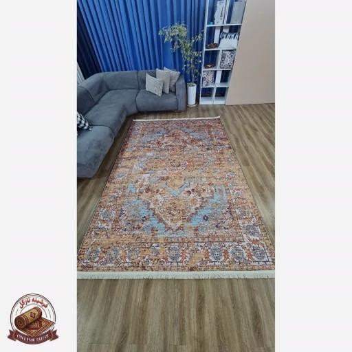 فرشینه مخمل ترک طرح وینتیج کلاسیک رنگ خردلی فیروزهای کد M106