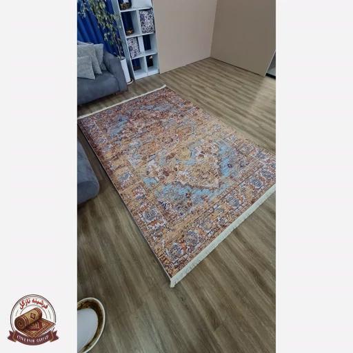 فرشینه مخمل ترک طرح وینتیج کلاسیک رنگ خردلی فیروزهای کد M106