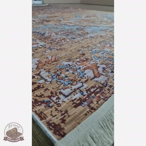 فرشینه مخمل ترک طرح وینتیج کلاسیک رنگ خردلی فیروزهای کد M106