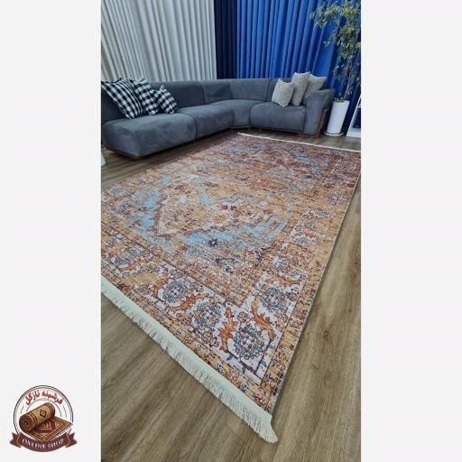 فرشینه مخمل ترک طرح وینتیج کلاسیک رنگ خردلی فیروزهای کد M106