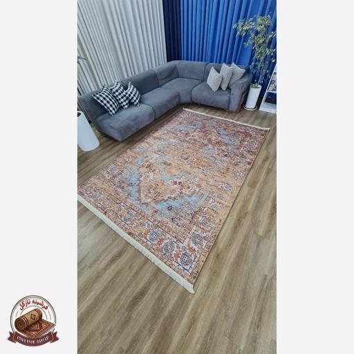 فرشینه مخمل ترک طرح وینتیج کلاسیک رنگ خردلی فیروزهای کد M106