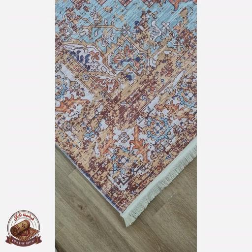 فرشینه مخمل ترک طرح وینتیج کلاسیک رنگ خردلی فیروزهای کد M106