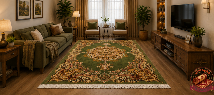 فرشینه مخمل طرح ابریشم مدل ترنجدار سبز زیتونی کد A058