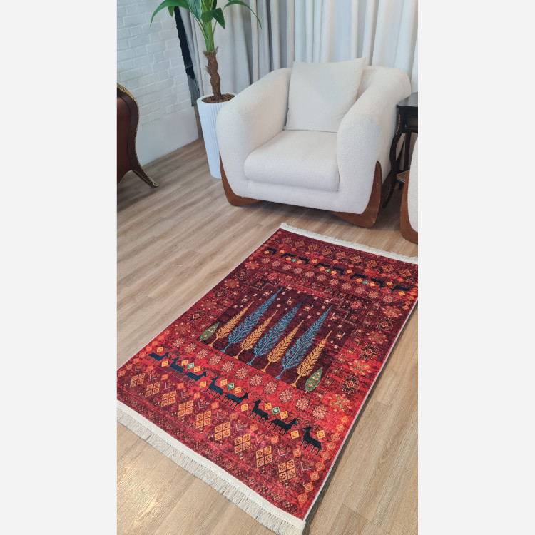 فرشینه قرمز طرح درخت مخمل تُرک ضدلغزش (ابعاد دلخواه) L293 (پس کرایه)