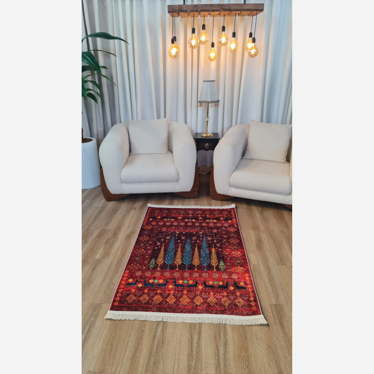 فرشینه قرمز طرح درخت مخمل تُرک ضدلغزش (ابعاد دلخواه) L293 (پس کرایه)