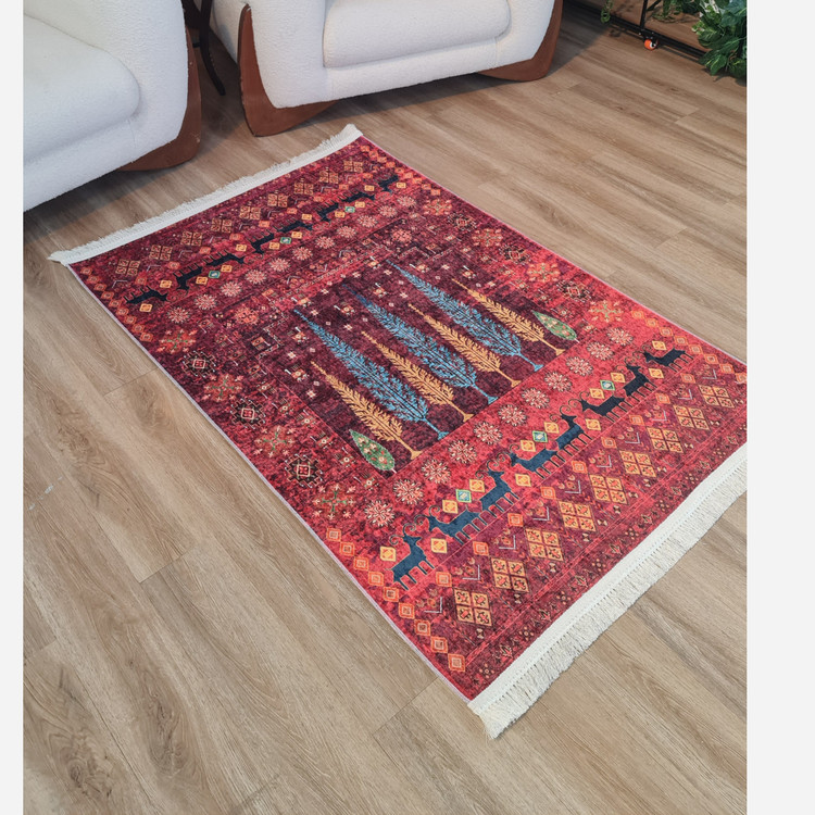 فرشینه قرمز طرح درخت مخمل تُرک ضدلغزش (ابعاد دلخواه) L293 (پس کرایه)