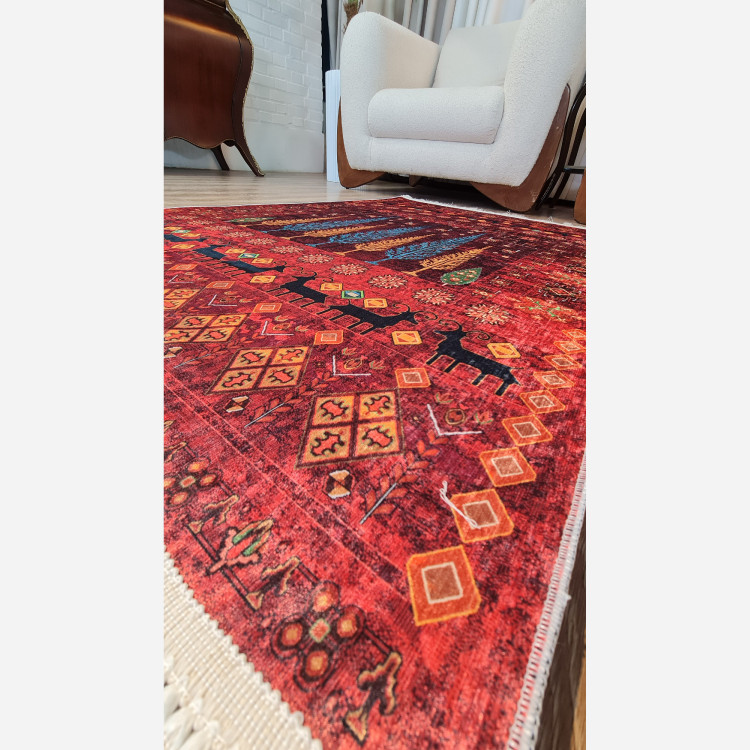 فرشینه قرمز طرح درخت مخمل تُرک ضدلغزش (ابعاد دلخواه) L293 (پس کرایه)