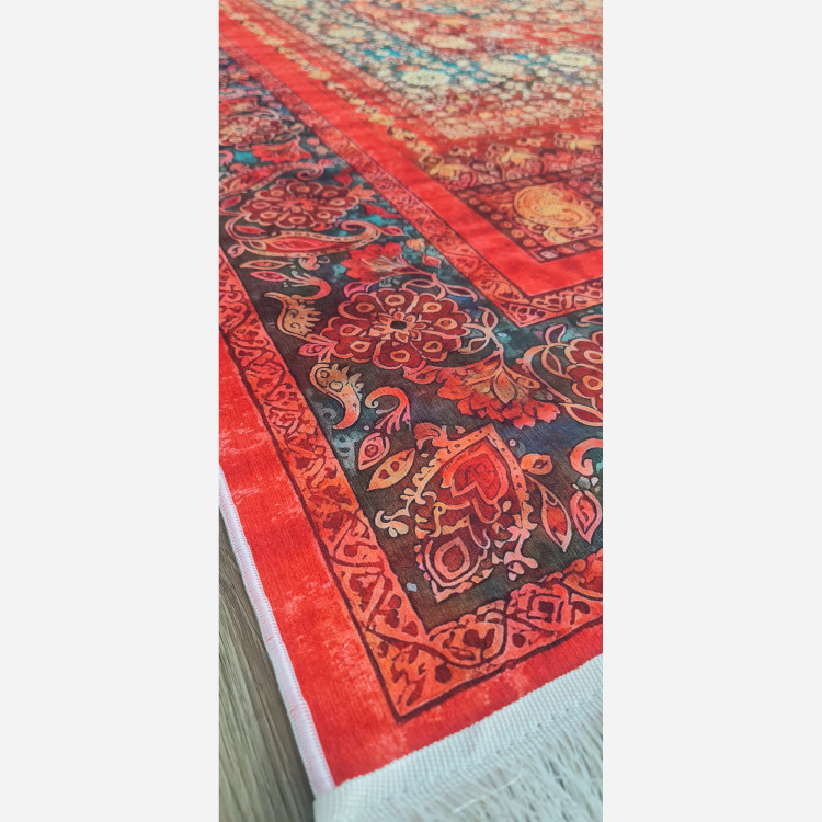 فرش قرمز لاکی روشن جنس مخمل زیره استُپ دار( ابعاد سفارشی) (پس کرایه)
