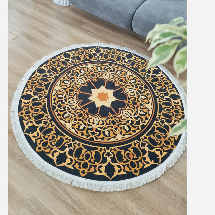 فرشینه گرد مخمل مشکی طلایی مدرن استُپ دار (ابعاد سفارشی) (پس کرایه)