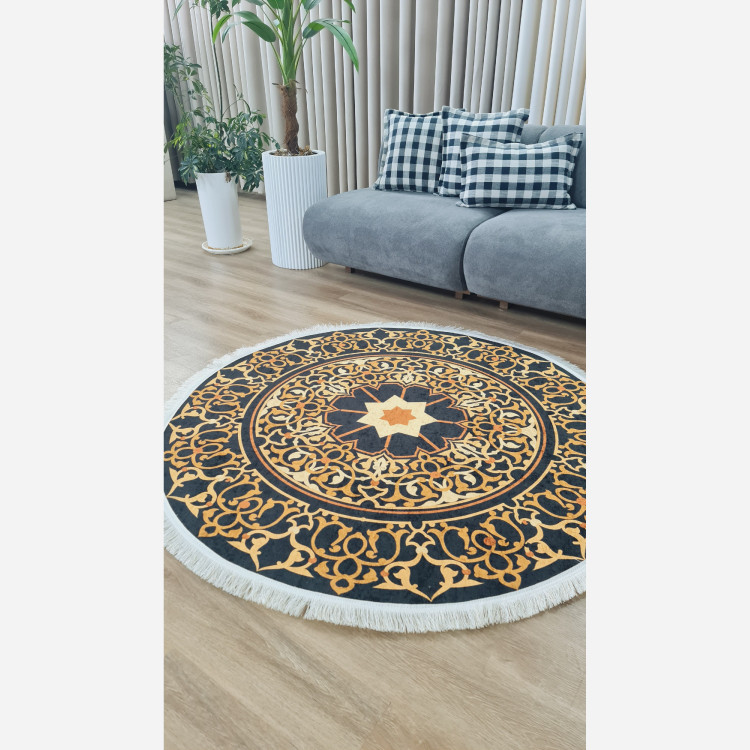 فرشینه گرد مخمل مشکی طلایی مدرن استُپ دار (ابعاد سفارشی) (پس کرایه)