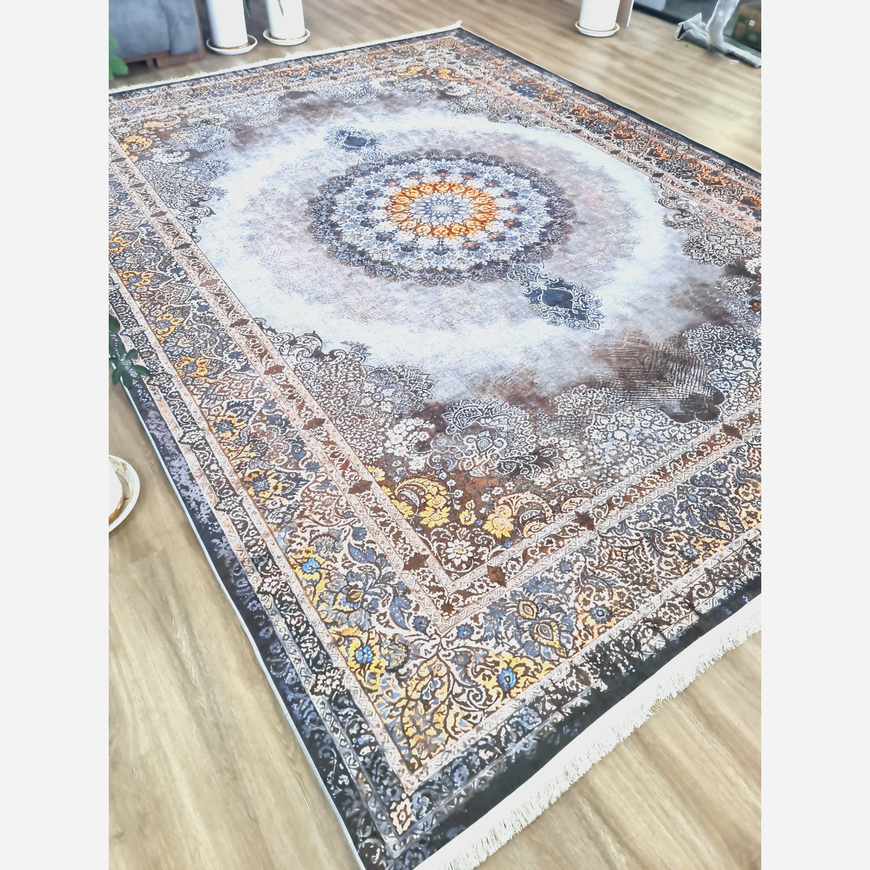 فرش طوسی مدرن جنس مخمل هازان تُرک استُپ دار(ابعاد سفارشی) (ضد سُر) (پس کرایه)