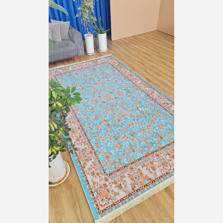 فرش مخمل آبی طرح ابریشمی استُپ دار (ابعاد سفارشی) (پس کرایه)