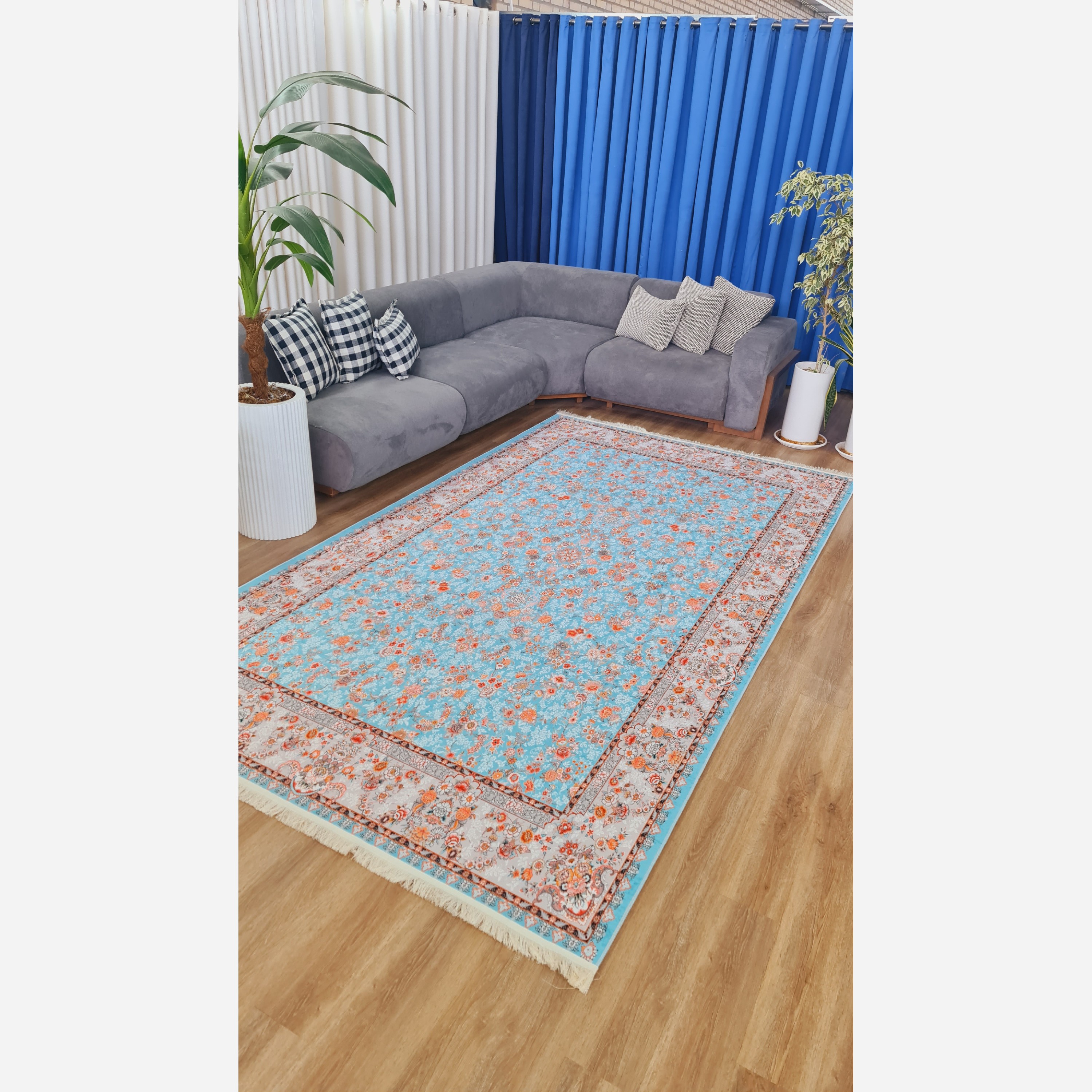فرش مخمل آبی طرح ابریشمی استُپ دار (ابعاد سفارشی) (پس کرایه)