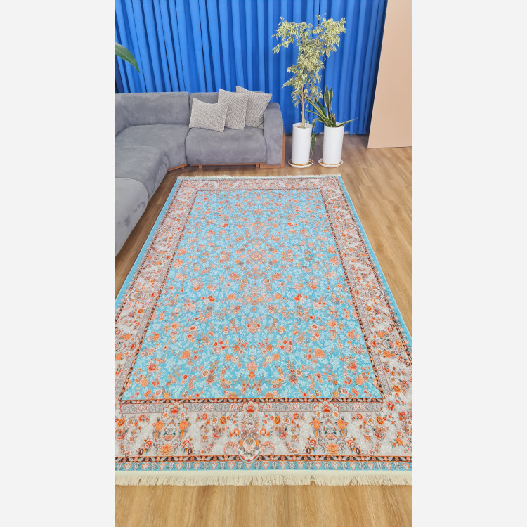 فرش مخمل آبی طرح ابریشمی استُپ دار (ابعاد سفارشی) (پس کرایه)