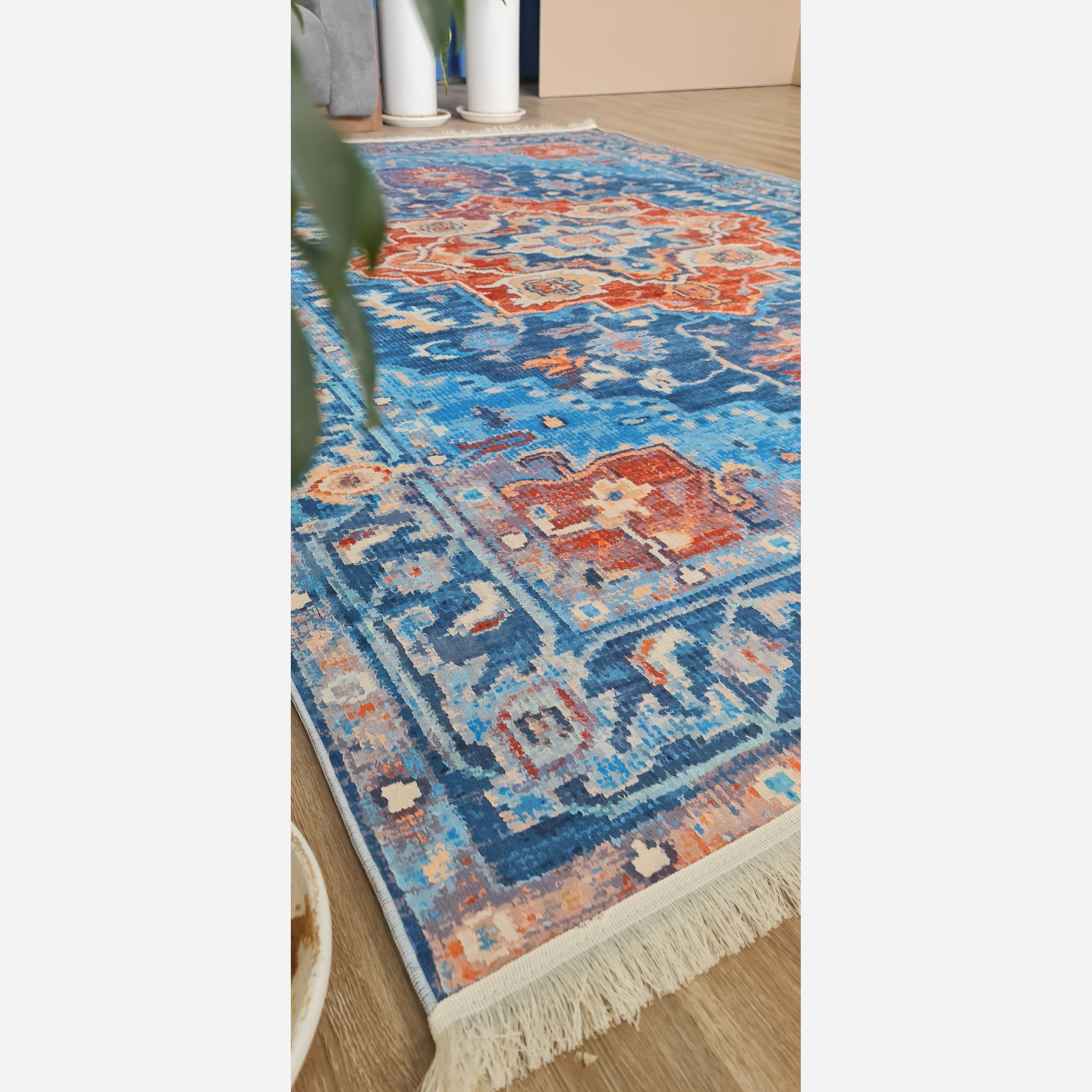 فرش آبی نارنجی مدرن جنس مخمل تُرک استُپ دار ابعاد سفارشی (پس کرایه)