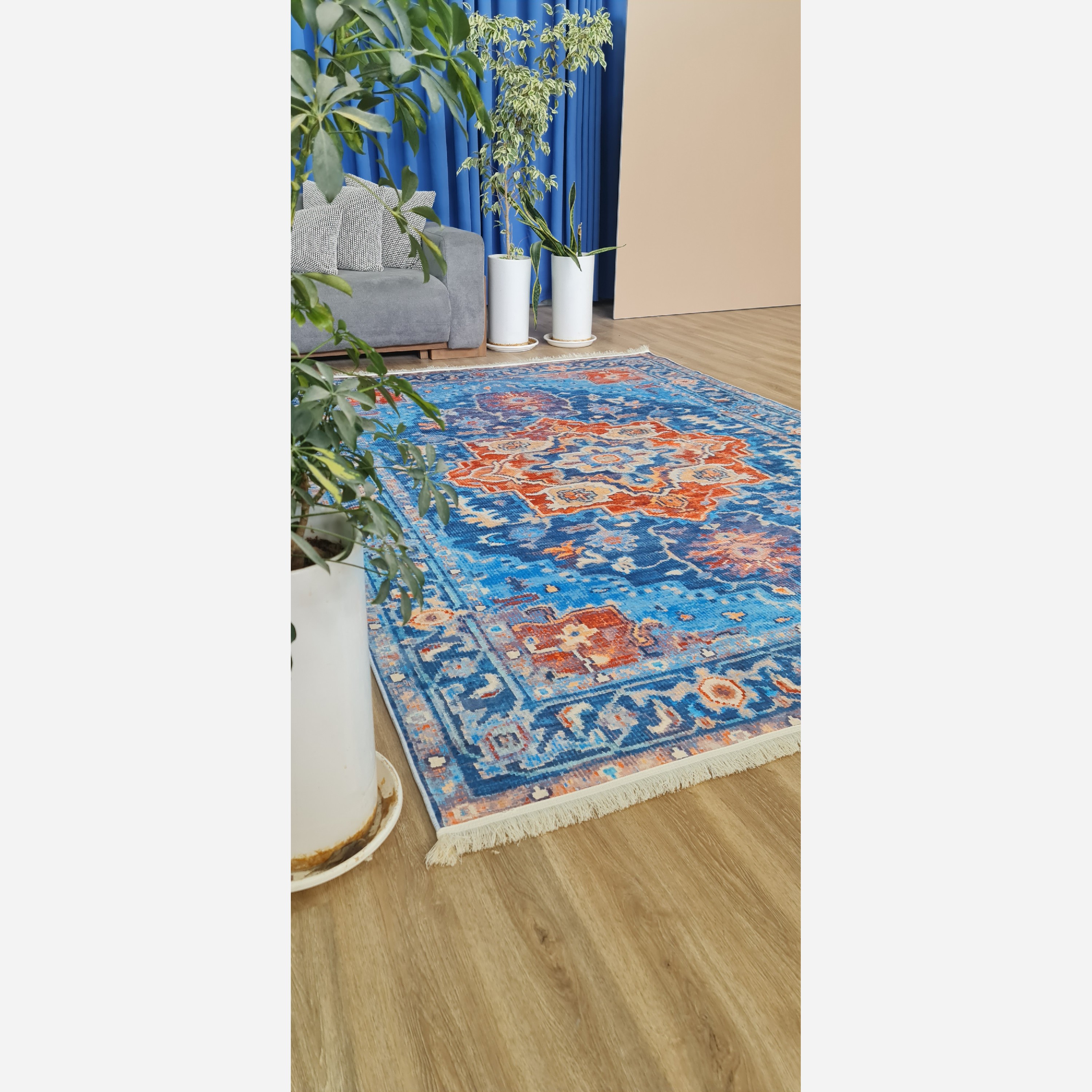 فرش آبی نارنجی مدرن جنس مخمل تُرک استُپ دار ابعاد سفارشی (پس کرایه)