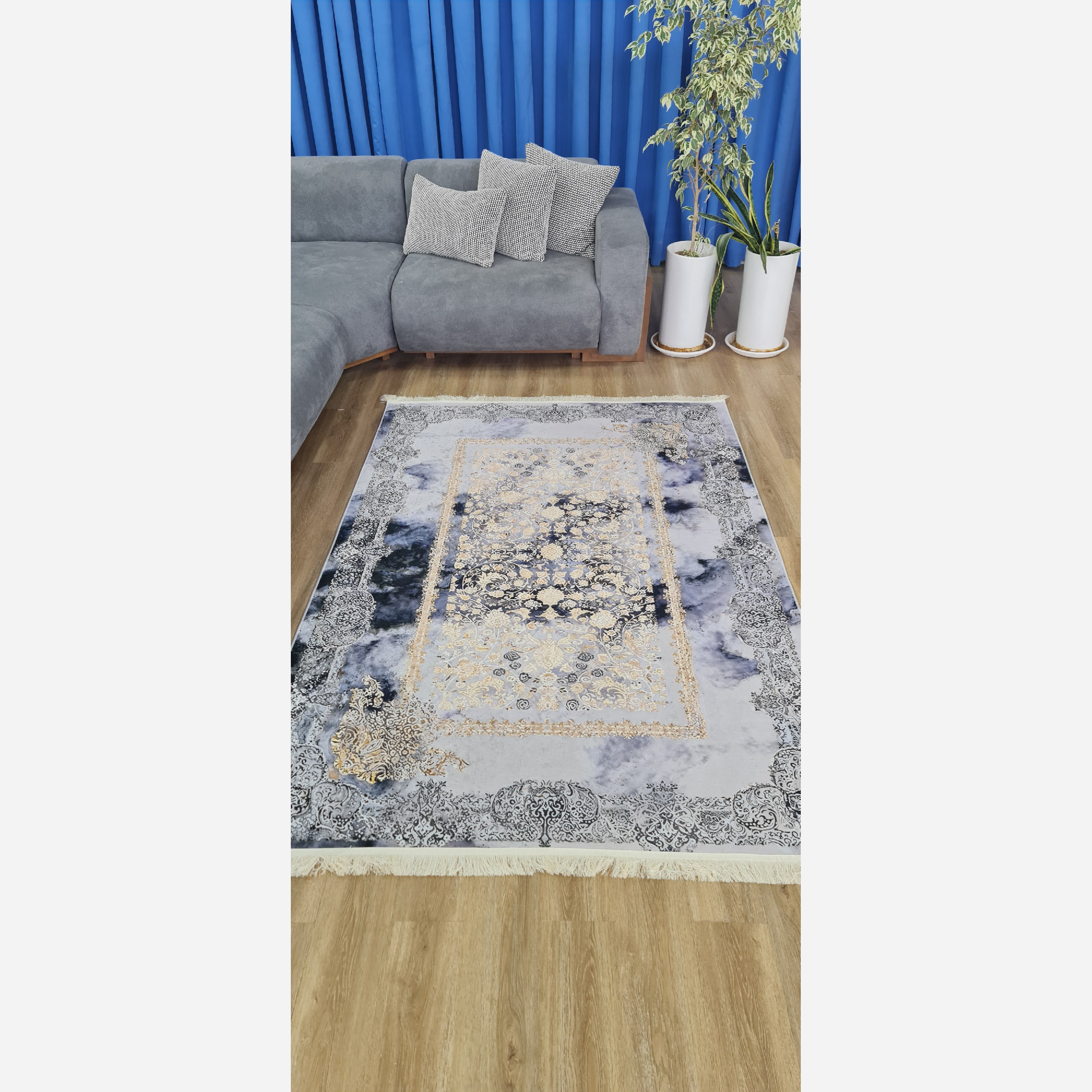 فرش طوسی سرمه ای مدرن جنس مخمل تُرک استُپ دار ابعاد دلخواه (پس کرایه)