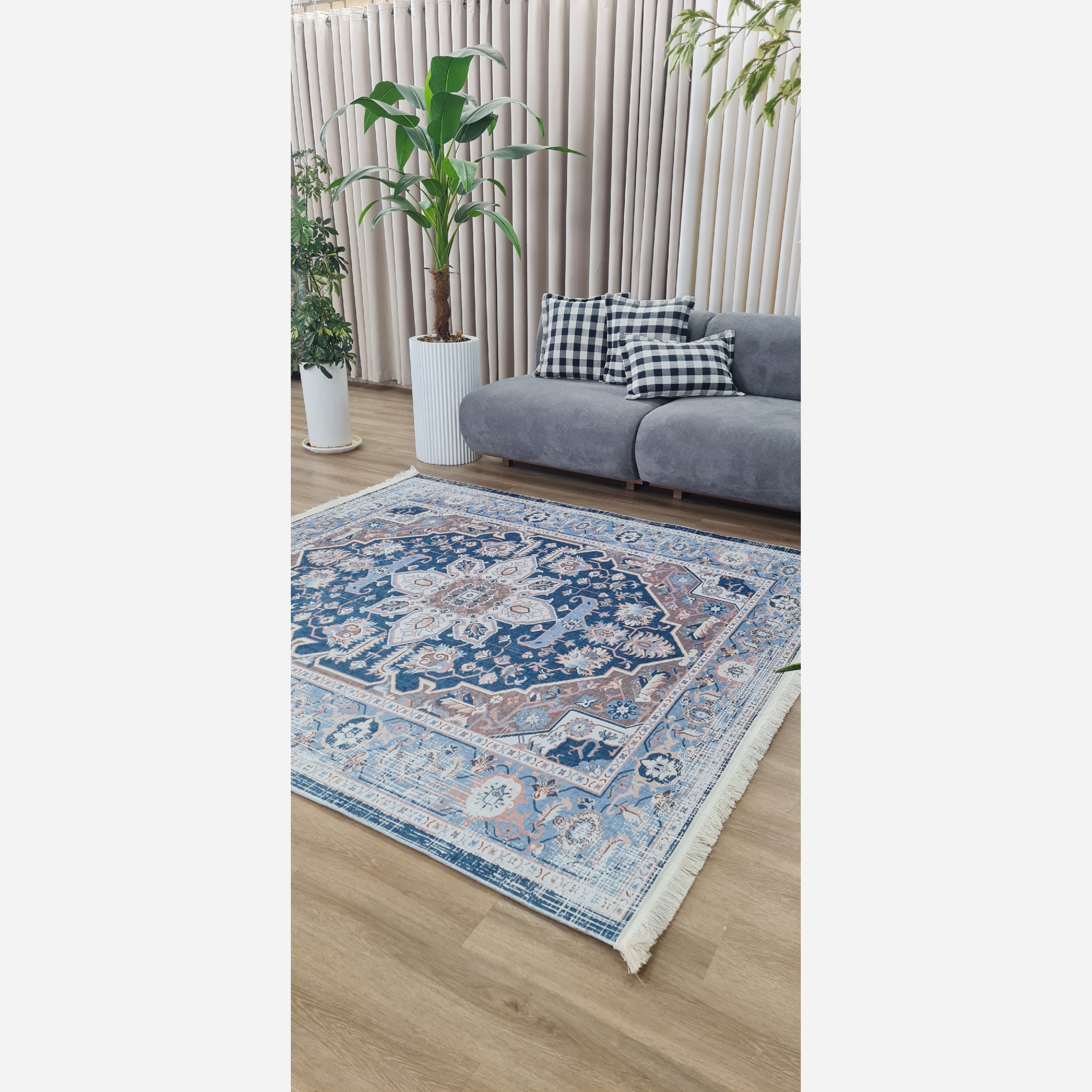 فرشینه طوسی آبی مدرن جنس مخمل تُرک استُپ دار ابعاد دلخواه (پس کرایه)