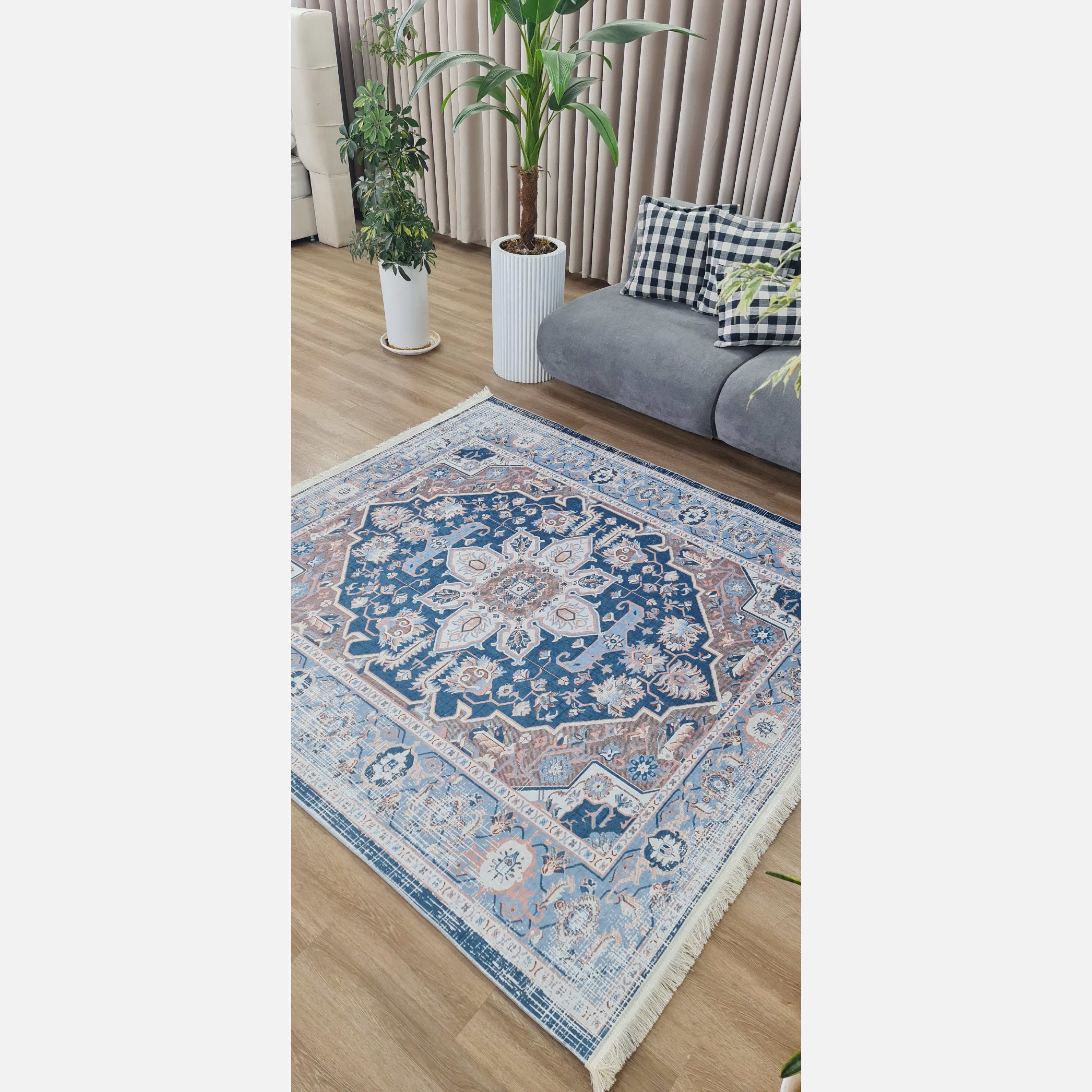 فرشینه طوسی آبی مدرن جنس مخمل تُرک استُپ دار ابعاد دلخواه (پس کرایه)