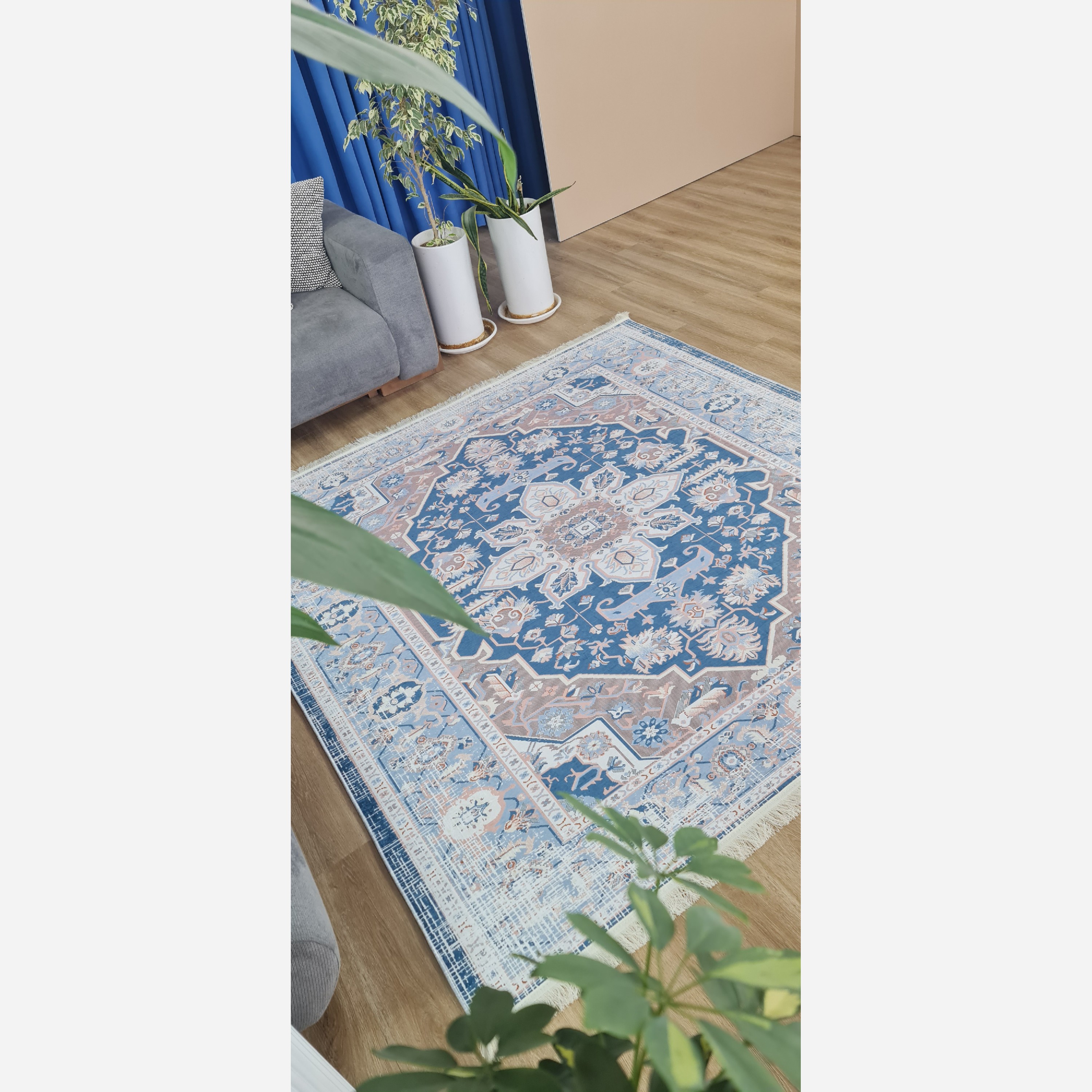 فرشینه طوسی آبی مدرن جنس مخمل تُرک استُپ دار ابعاد دلخواه (پس کرایه)