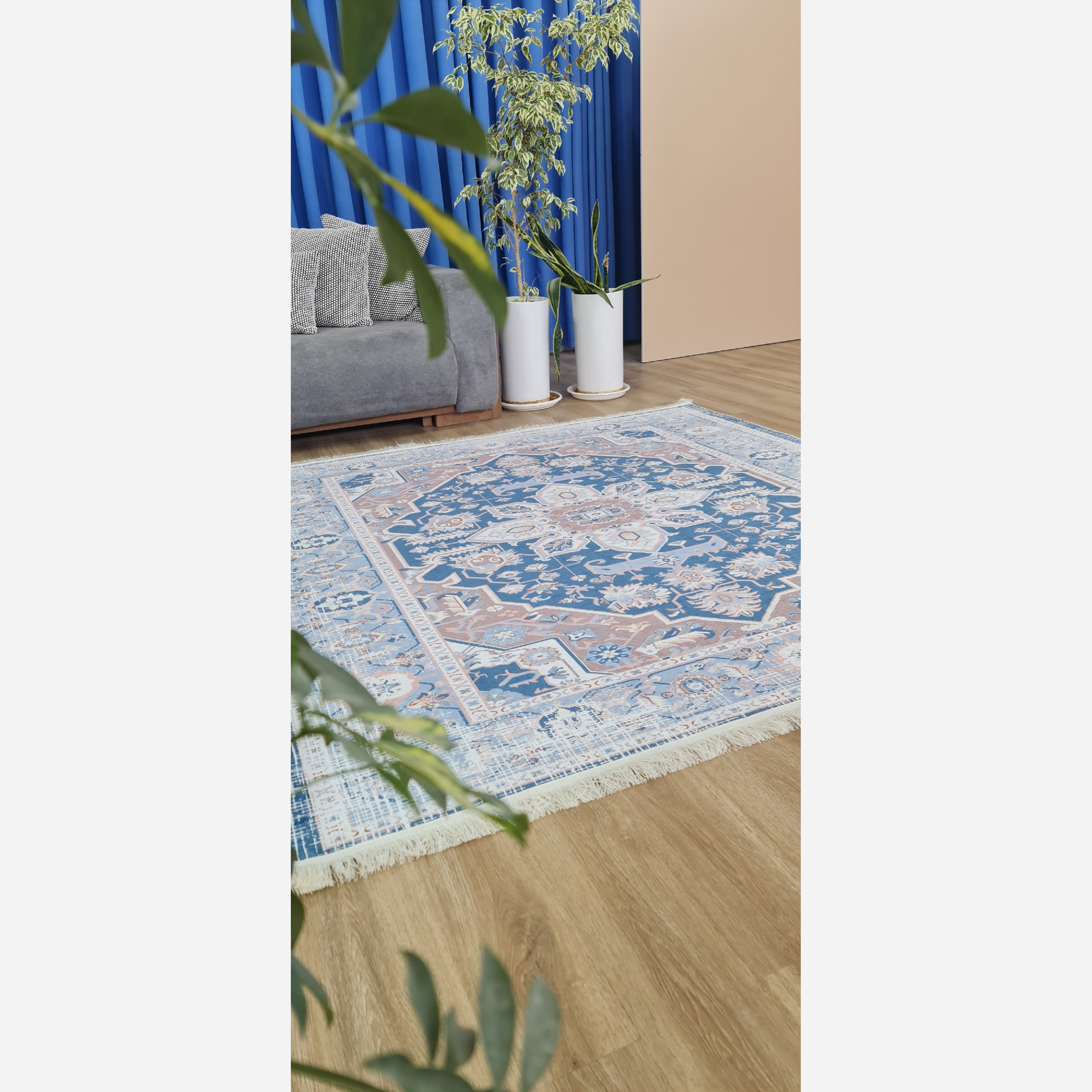 فرشینه طوسی آبی مدرن جنس مخمل تُرک استُپ دار ابعاد دلخواه (پس کرایه)