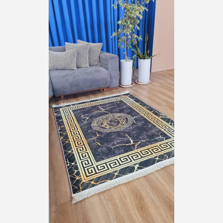 فرش مشکی طلایی مدرن جنس مخمل تُرک استُپ دار (ضد سر) (پس کرایه)