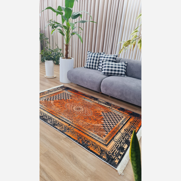 فرش وینتیج مخمل نارنجی مشکی h482 استُپ دار ( ضد سُر ) (پس کرایه)