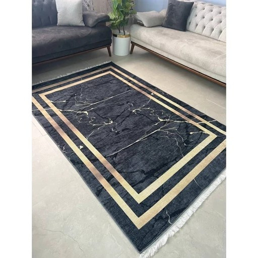 فرش مشکی طلایی مخمل مدرن طرح سنگ h410 استُپ دار(ابعاد دلخواه)(پس کرایه)