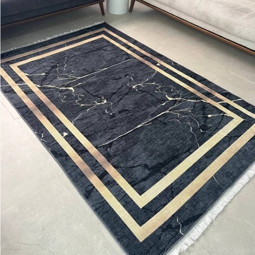 فرش مشکی طلایی مخمل مدرن طرح سنگ h410 استُپ دار(ابعاد دلخواه)(پس کرایه)