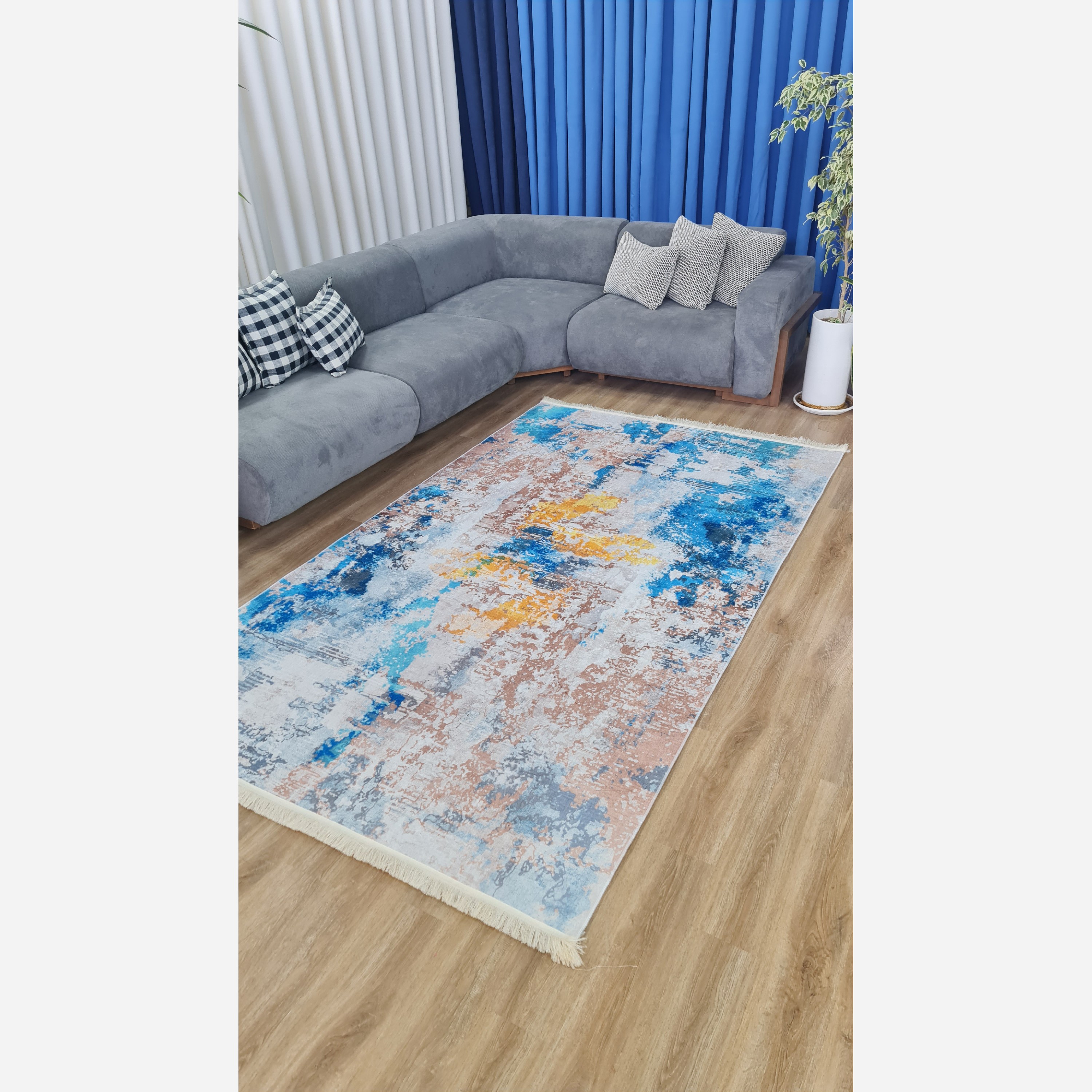 فرشینه مخمل مدرن آبی طلایی استُپ دار (ارسال رایگان)