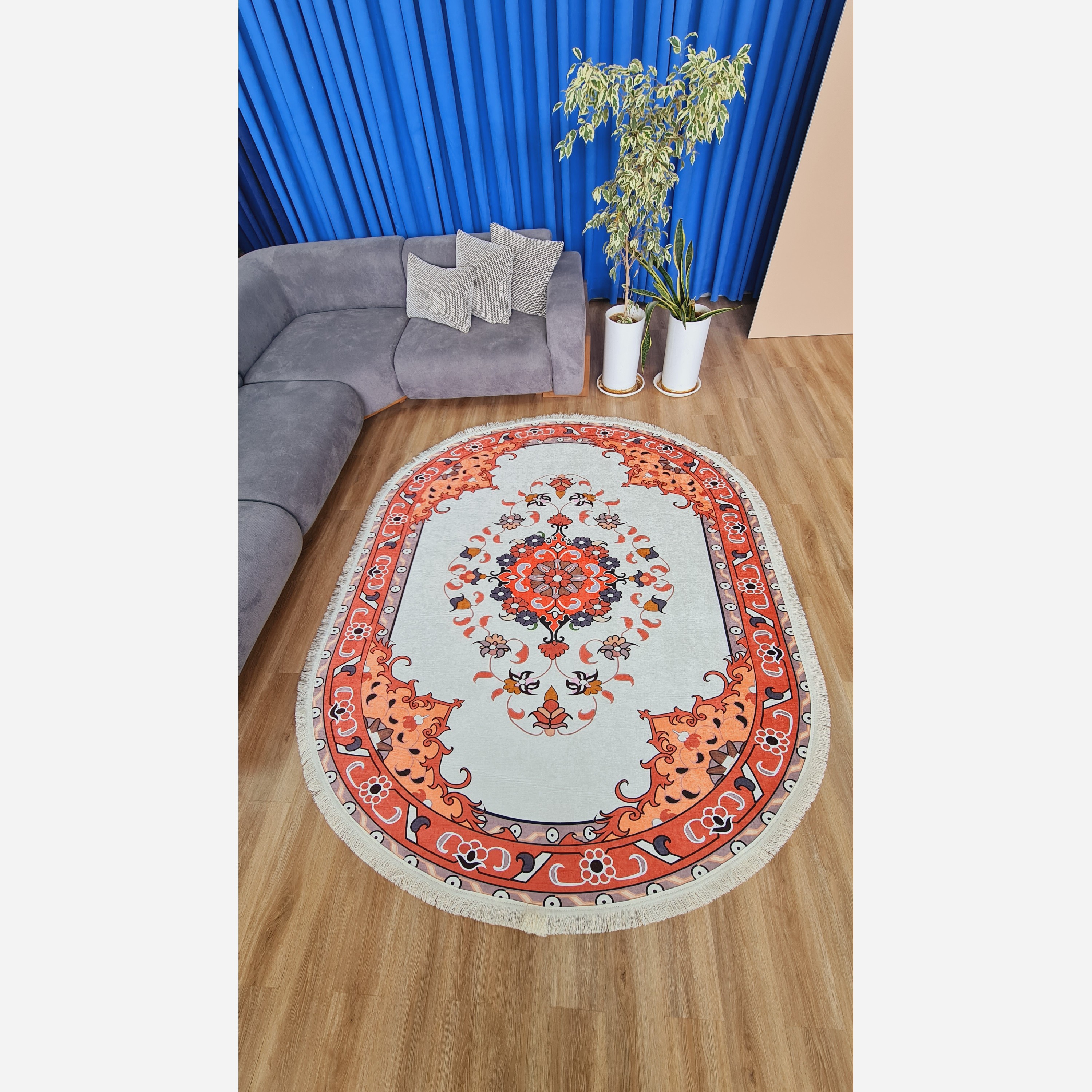 فرشینه بیضی مخمل سفارشی استُپ دار b104 (اصلا سُر نمیخوره) (پس کرایه)