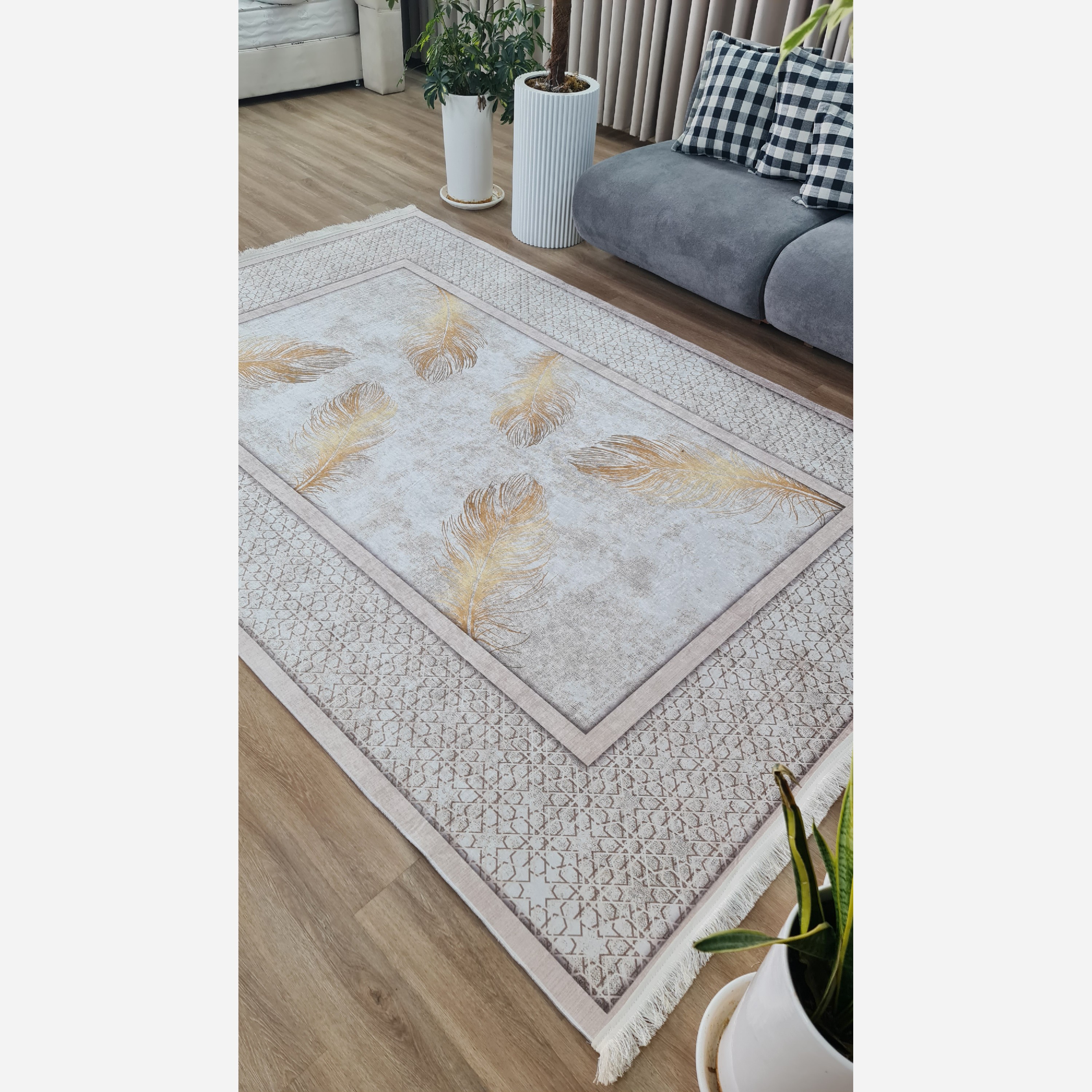 فرشینه مخمل مدرن طرح پَر طلایی استُپ دار (ابعاد سفارشی) h406 (پس کرایه)