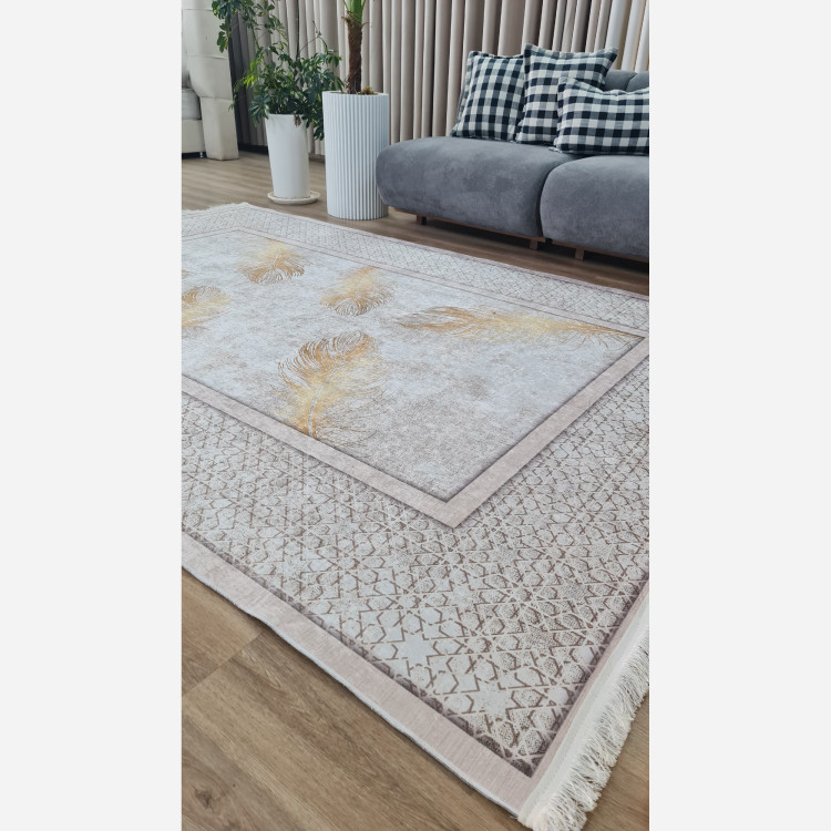فرشینه مخمل مدرن طرح پَر طلایی استُپ دار (ابعاد سفارشی) h406 (پس کرایه)