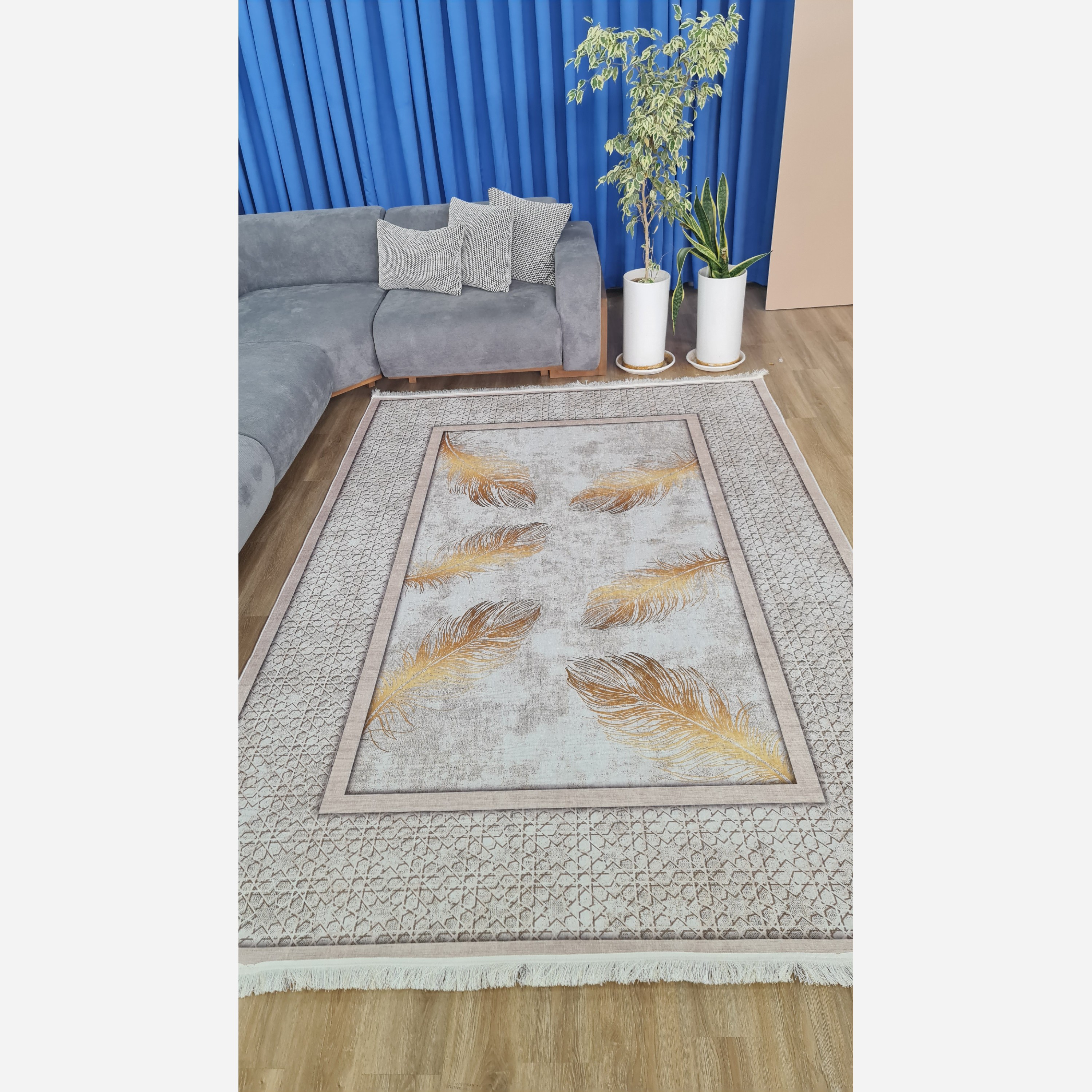 فرشینه مخمل مدرن طرح پَر طلایی استُپ دار (ابعاد سفارشی) h406 (پس کرایه)