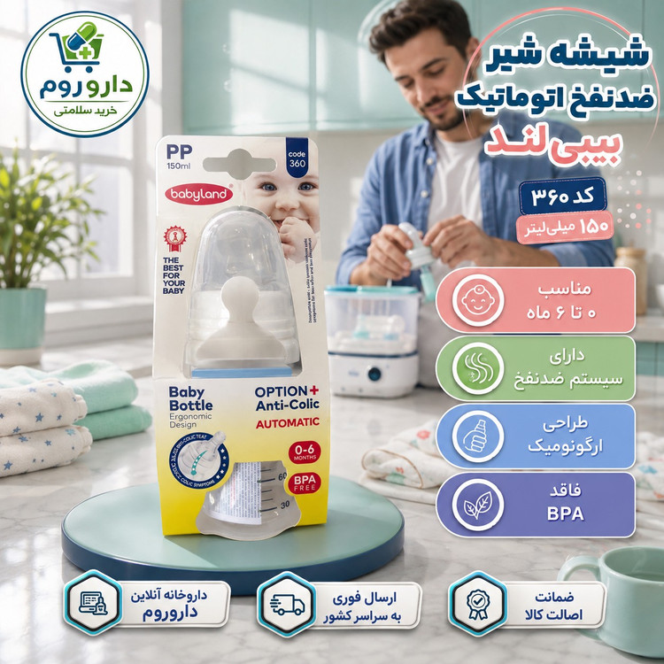 شیشه شیر ضدنفخ اتوماتیک بیبی لند کد 360 ظرفیت 150 میلی لیتر