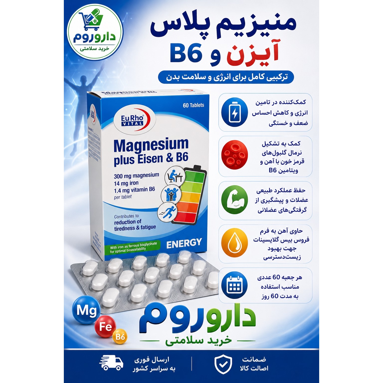 قرص منیزیم پلاس آیزن و B6 یوروویتال بسته 60 عددی