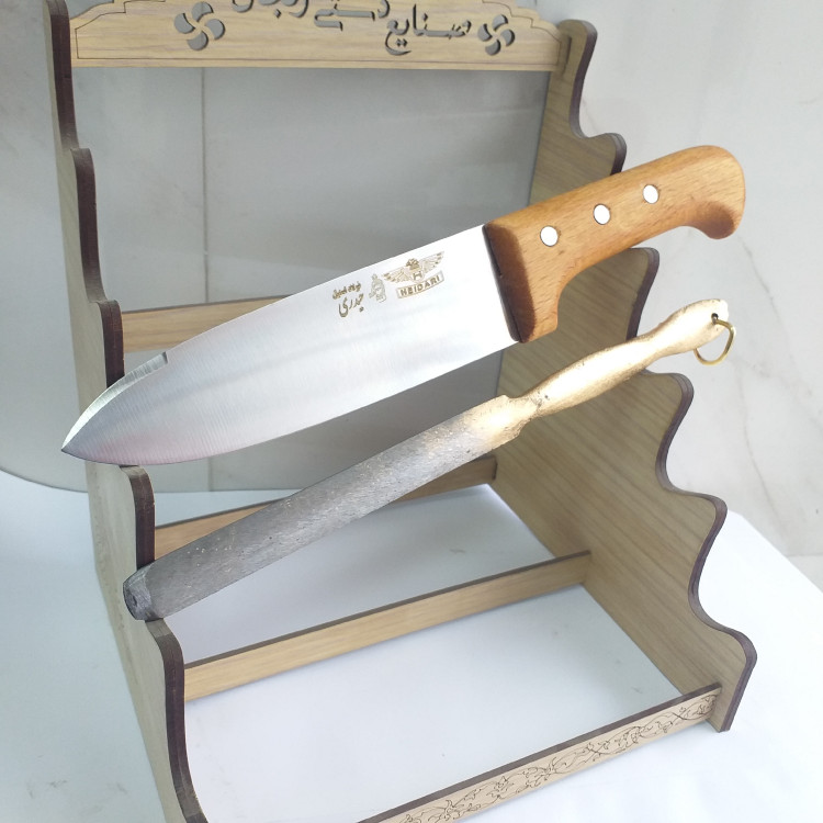 چاقوی زنجان چاقو سلاخی29 سانت اصل برند حیدری با مصقل تیزکن تیغه استیل فولاد ضد زنگ دسته چوب راش دو عدد باهم