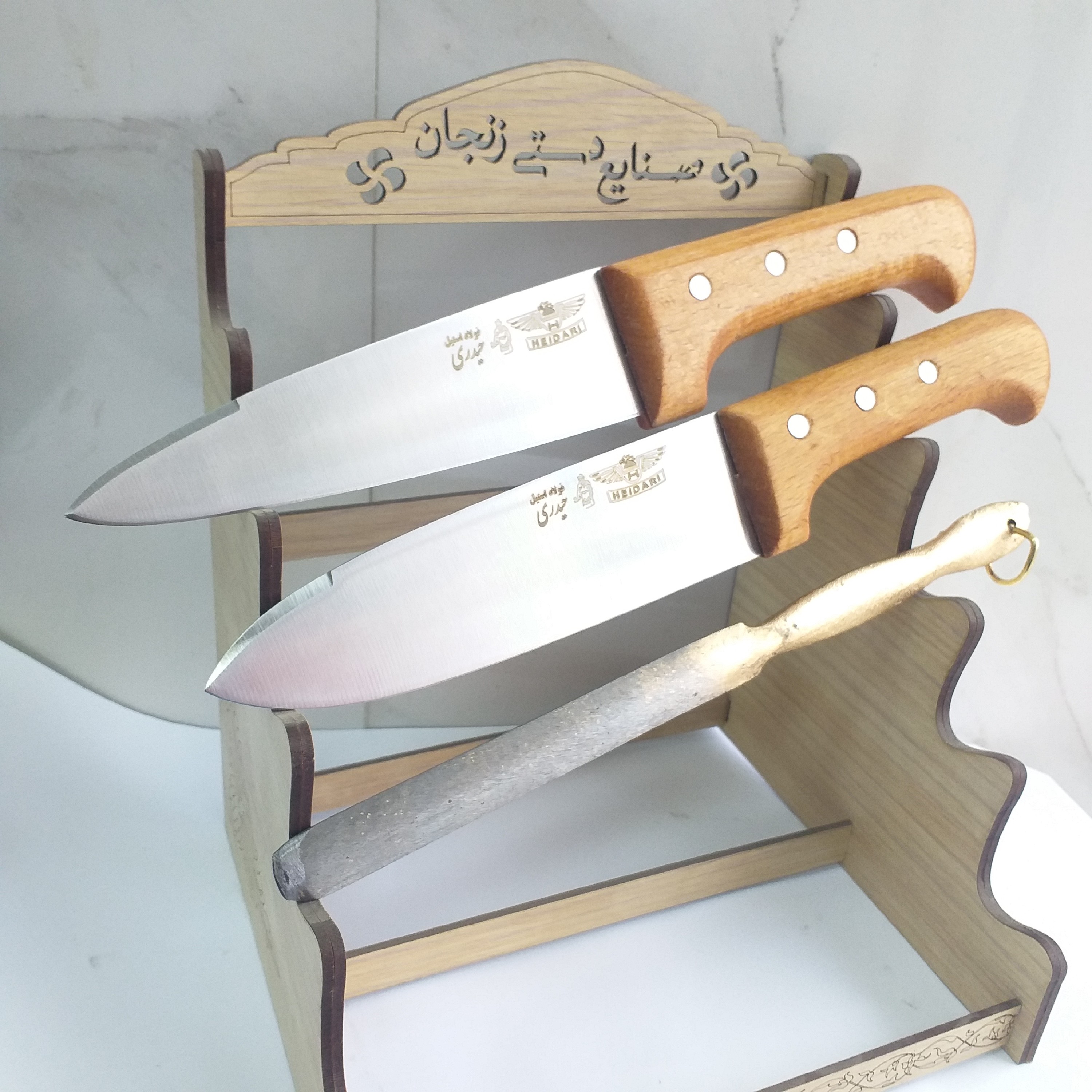 چاقوی زنجان ست سه عددی چاقوقصابی30 سانت چاقو سلاخی29سانت اصل حیدری با مصقل تیزکن تیغه استیل فولاد ضد زنگ دسته چوب