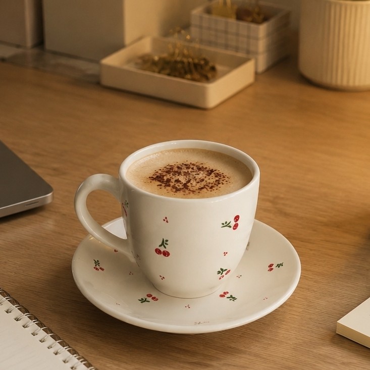 فنجان و نعلبکی سرامیکی چری مدل باغ آلبالو هدیه مینیمال