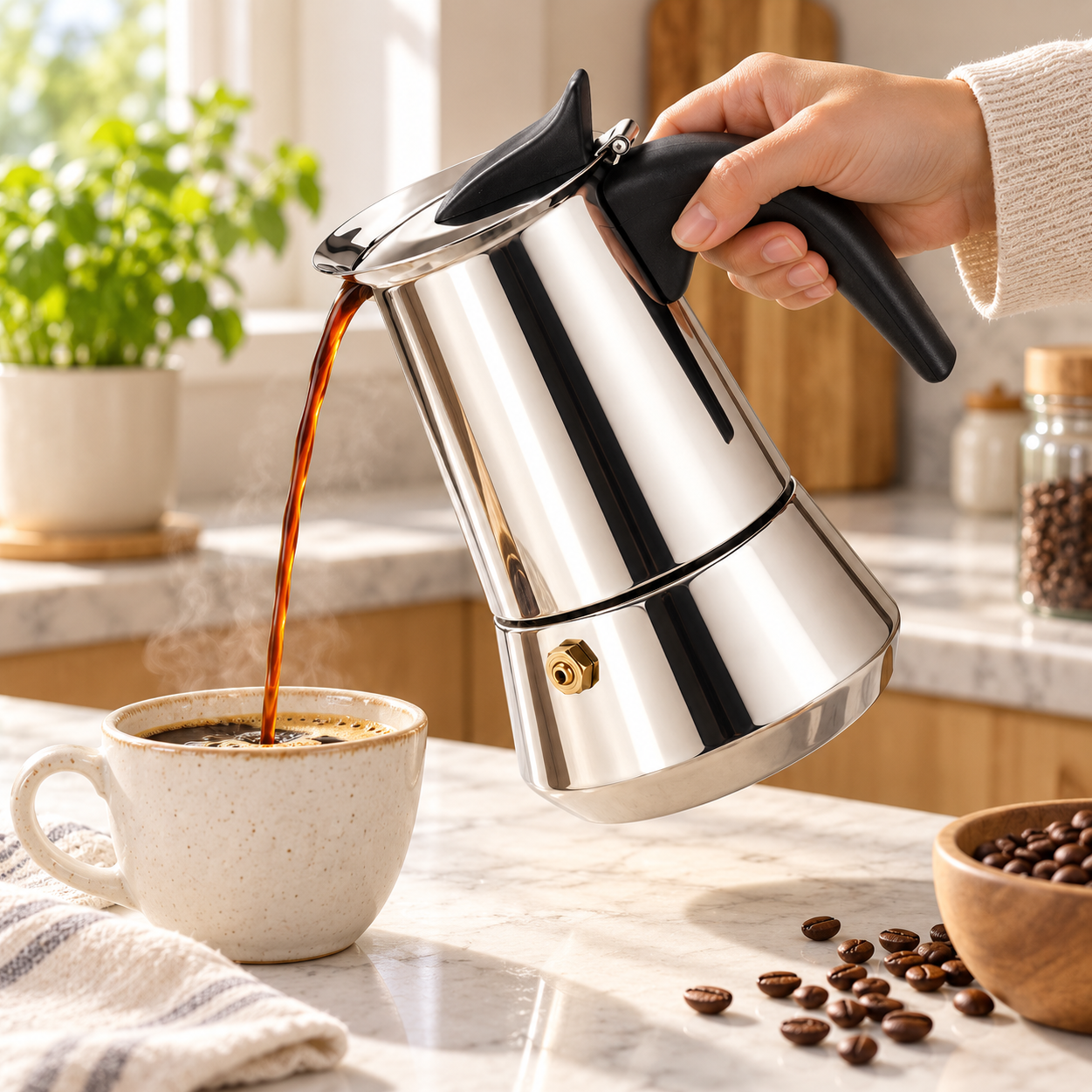 اسپرسو ساز روگازی یونیک لایف Unique Life ظرفیت 6 کاپ، قهوهساز دستی استیل با دسته مشکی و سوپاپ اطمینان