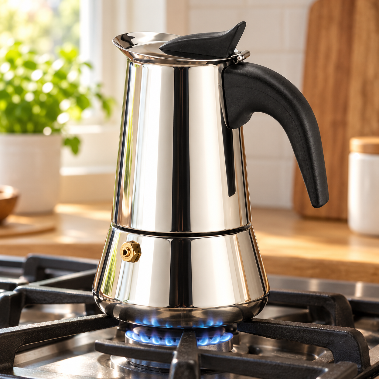 اسپرسو ساز روگازی یونیک لایف Unique Life ظرفیت 6 کاپ، قهوهساز دستی استیل با دسته مشکی و سوپاپ اطمینان