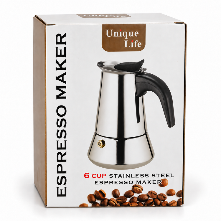 اسپرسو ساز روگازی یونیک لایف Unique Life ظرفیت 6 کاپ، قهوهساز دستی استیل با دسته مشکی و سوپاپ اطمینان