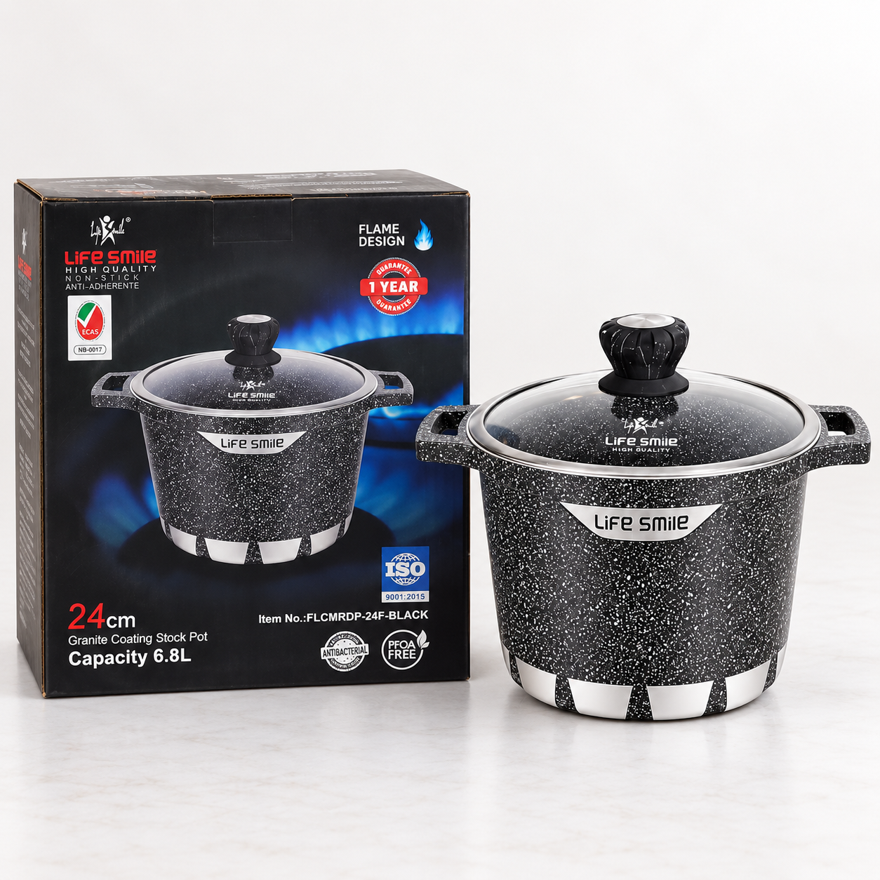 قابلمه گرانیتی نچسب و ضدخش لایف اسمایل سایز 24، ظرفیت 7 لیتر با درب شیشه ای