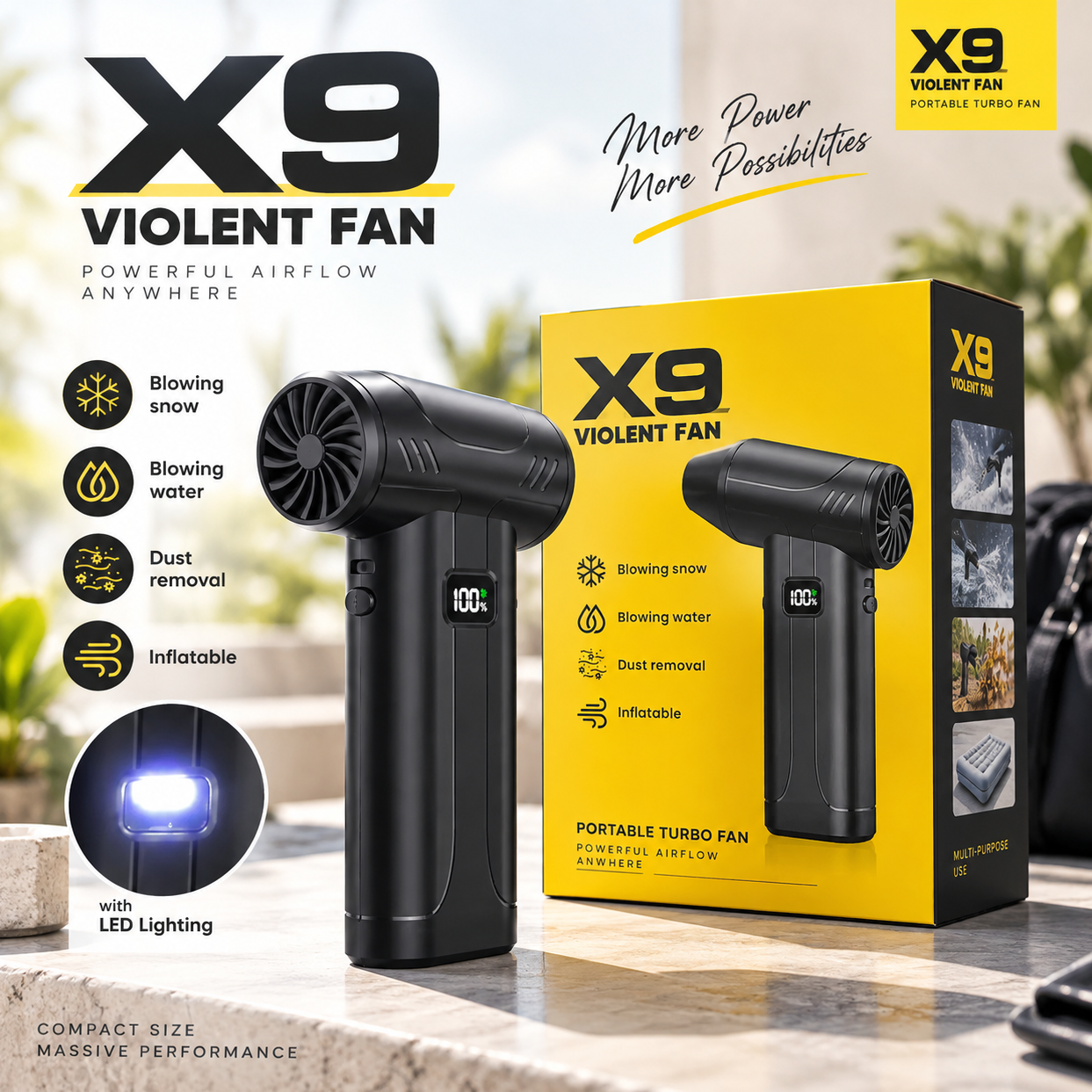 دمنده شارژی پرقدرت X9 Violent Fan جت فن قابل حمل با نمایشگر شارژ و چراغ LED، مناسب خودرو و نظافت